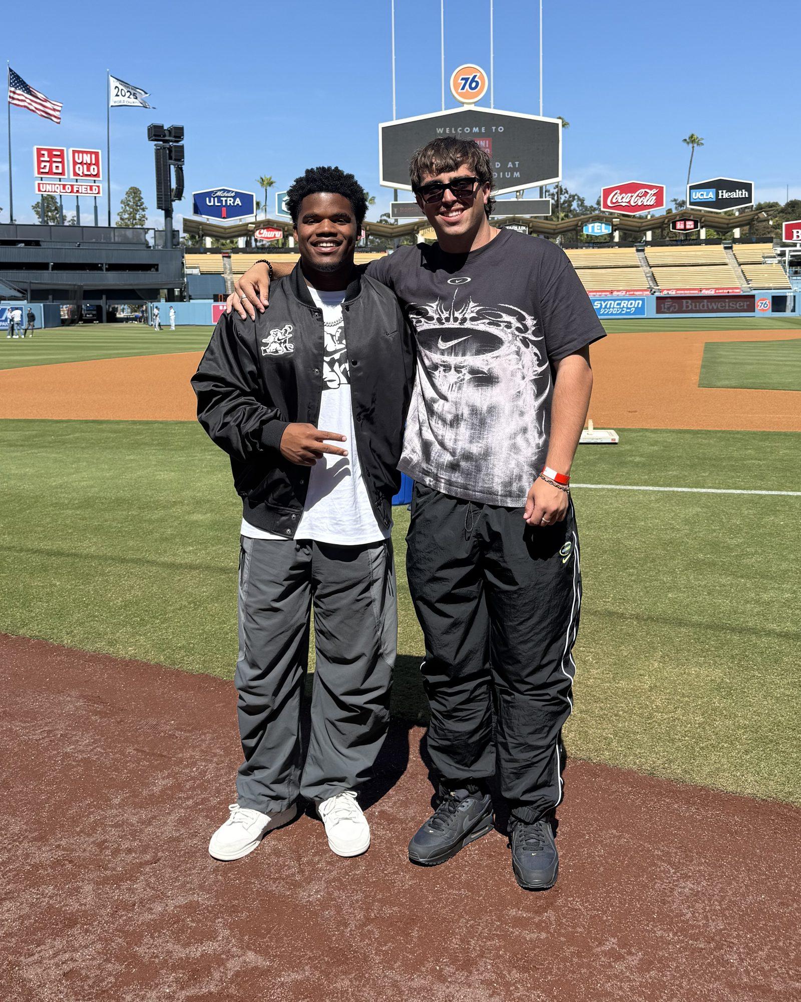 Leo Rochman and Gabe Smith on the field at Dodger Stadium